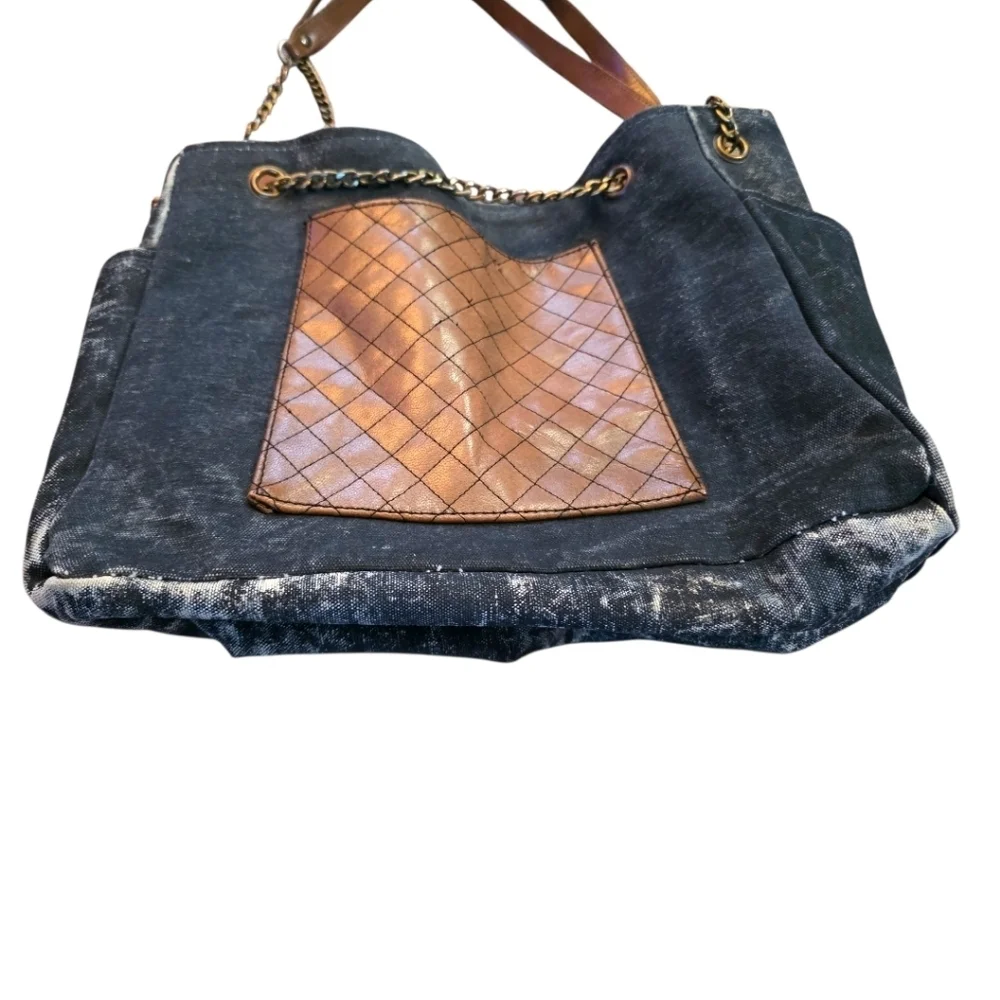 Mona B Upcycled Canvas Tote Bag Denim Leather Chain Strap Boho Shoulder Bag